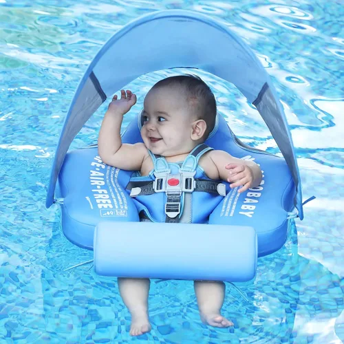Miniatura 8 de Mambobaby Flotador con Toldo y Cola Nuevo Mejorado Flotador de Piscina No Inflable para Bebé Flotador de Natación Mambo Entrenador de Natación azul