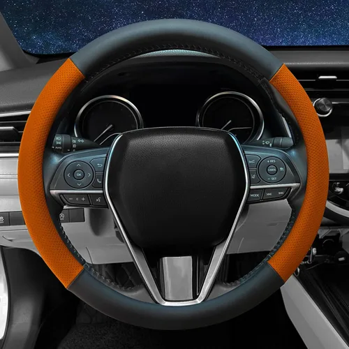Miniatura 11 de Funda para volante en forma de D, parte inferior plana, cubierta de volante para automóvil de 14 1/2-15 pulgadas (37-39 cm), cuero de microfibra