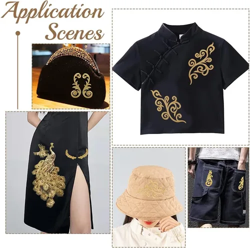 Miniatura 6 de AHANDMAKER 8 pares de apliques de bordado de flores de hoja, estilo étnico dorado, para coser con hierro en la corona de hojas, apliques bordados