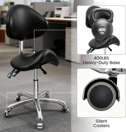 Miniatura 5 de FreSup Taburete de silla con soporte para el respaldo, silla ergonómica con ruedas, taburete giratorio de alta resistencia, silla con ruedas