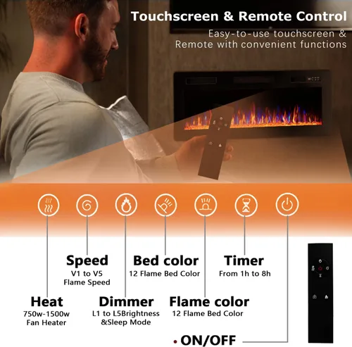 Miniatura 5 de Vitesse Chimenea Eléctrica Ultrafina de 42 Pulgadas Empotrada en Pared y Montada en Pared Calentador de Chimenea, Chimenea Lineal con Llama