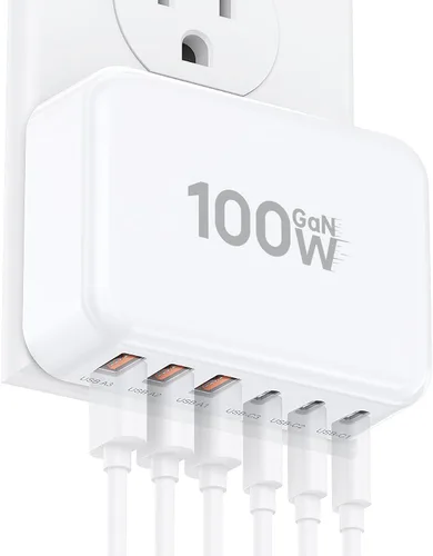 Miniatura 12 de Bloque de Carga Rápida, Cubo de Estación de Carga GaN de 6 Puertos USB C, Cargador de Pared de 100W de Tipo C de Múltiples Puertos con Enchufe