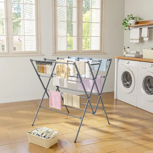 Miniatura 2 de HOMIDEC Tendedero de secado de ropa, 12 postes de secado grandes con clips para calcetines, estante de secado de ropa, plegable, portátil, para Plata