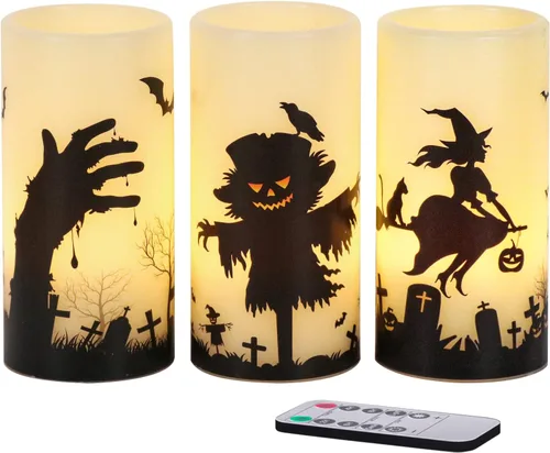 Miniatura 13 de Eldnacele Velas LED sin llama parpadeantes de Halloween, funcionan con pilas, con temporizador de 6H, calcomanías de calavera, telaraña, cuervo