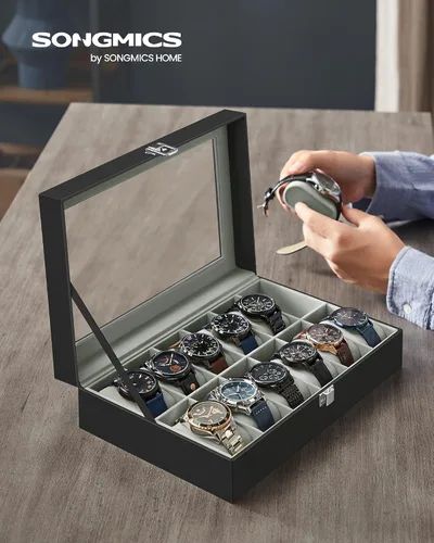Miniatura 2 de SONGMICS Caja de reloj, caja de 12 ranuras con tapa de vidrio grande, almohadas de reloj extraíbles, regalo para seres queridos, cuero sintético