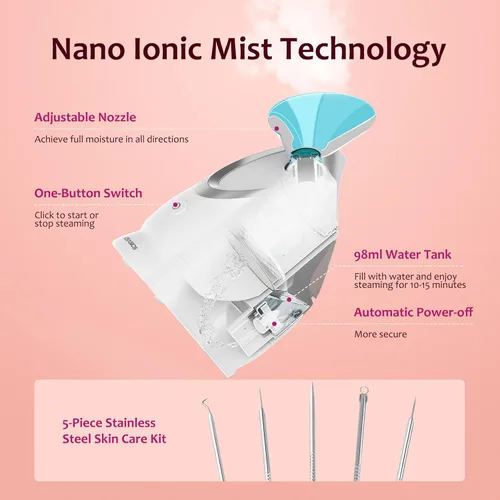 Miniatura 2 de EZBASICS Vaporizador facial iónico para el hogar, humidificador de niebla cálida atomizador para cara, sauna, spa, senos nasales, hidratación, Azul
