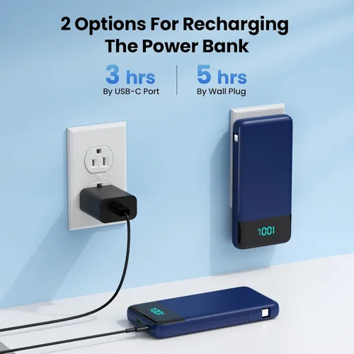 Miniatura 3 de Cargador portátil para iPhone con cables integrados y enchufe de pared, cargador de batería USB C de carga rápida de 13800 mAh, 4 salidas esenciales