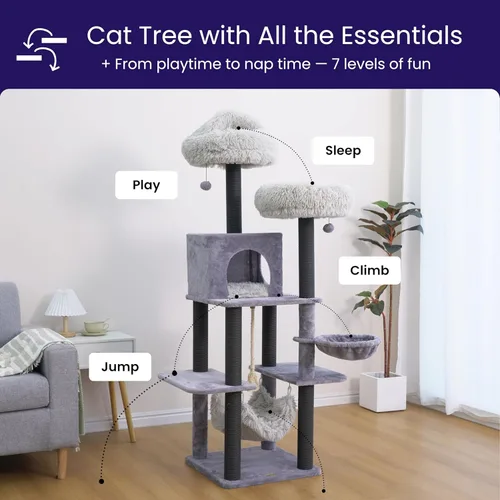 Miniatura 3 de Catry Bradbury - Árbol para gatos moderno de 7 niveles y 62.5 pulgadas con postes rascadores reemplazables, condominio grande, dos camas lavables