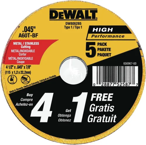 DEWALT Disco de corte de 4-1/2 pulgadas, disco de corte de amoladora angular, uso general, paquete de 4 (DW8062B5)