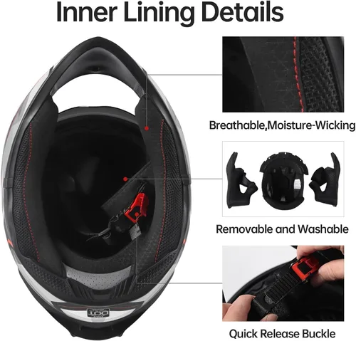 Miniatura 5 de CUTEY Casco de motocicleta de cara completa, certificado DOT, ligero, doble visera, ventilado, para adultos, hombres y mujeres