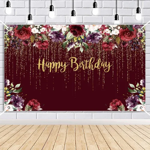 AIBIIN Cartel de feliz cumpleaños, decoración de fiesta de cumpleaños de rosa roja para mujer, con purpurina dorada floral, suministros de fiesta de