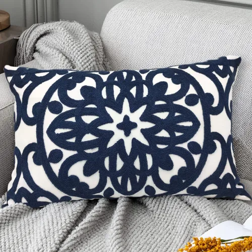 Miniatura 9 de Alysheer - Funda de almohada lumbar decorativa bordada 12" x 20", patrón de bordado clásico Boho Mandala, funda de cojín rectangular de algodón