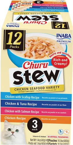 INABA Churu - Estofado para gatos, bolsa de guarnición con vitamina E, 1.4 onzas por bolsa, 12 bolsas, variedad de pollo y mariscos