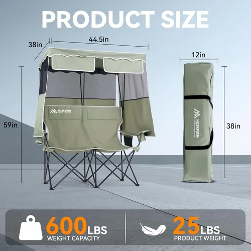 Miniatura 3 de Huskfirm Silla de Camping Doble con Toldo de Sombra Silla para 2 Personas Plegable con Toldo Silla de Playa Portátil Silla de Camping Resistente
