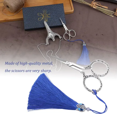 Miniatura 4 de SHWAKK Tijeras de bordado, exquisitas tijeras de acero inoxidable con punta afilada retro con cadena de vaina, tijeras de costura para costura