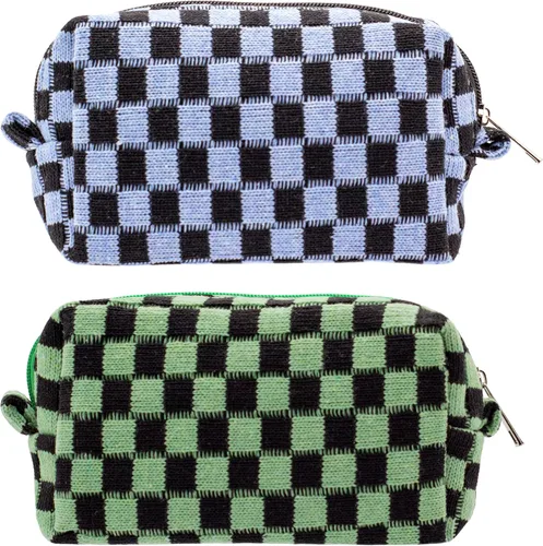 Miniatura 57 de PAZIMIIK Bolsa de Maquillaje a Cuadros para Bolso Portátil con Cremallera, Estuche Pequeño de Cosméticos para Accesorios de Viaje, Azul Ártico