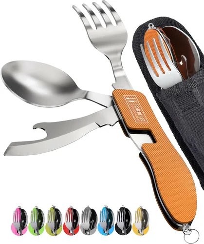 Orblue Utensilios de comida 4 en 1, paquete de 2 – Cuchara portátil, tenedor, cuchillo y abridor de botellas – Cubiertos de acero inoxidable con