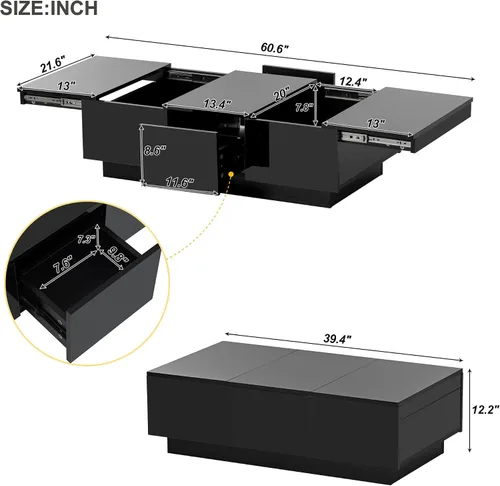 Miniatura 2 de Mesa auxiliar multifuncional con 2 cajones de almacenamiento, mesa de cóctel de café extensible con 2 cajones, mesa central rectangular de alto