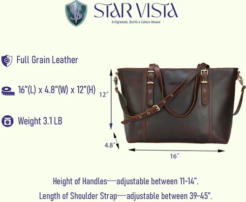 Miniatura 4 de STAR VISTA Scopella Bolsa de cuero de grano completo, XL, portátil de 15.6 pulgadas, cremalleras YKK, asas ajustables y correa, funda para carrito