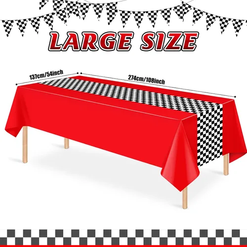 Miniatura 2 de Paquete de 3 manteles de plástico de auto de carreras, mantel desechable a cuadros rojos y negros, mantel rectangular a cuadros de búfalo