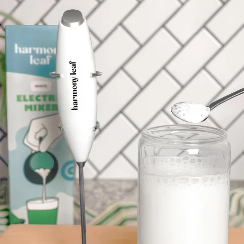 Miniatura 4 de Harmony Leaf Espumador de leche de mano, mezclador eléctrico de bebidas de acero inoxidable con soporte, espumador de café a pilas para lattes