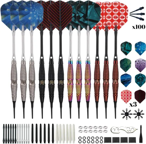 Miniatura 7 de Shot Taker Co. - Juego de dardos de punta suave, 12 piezas con 100 puntas de dardos adicionales, 24 protectores de vuelo y llave para tablero