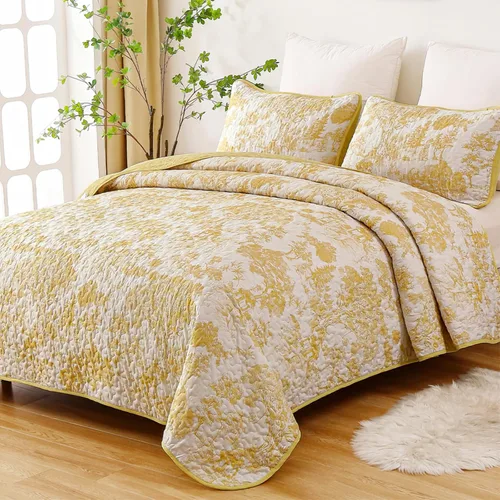 Miniatura 19 de WONGS BEDDING Juego de edredón botánico tamaño Queen, negro, 3 piezas, colcha con estampado floral de plantas Toile, juego de ropa de cama