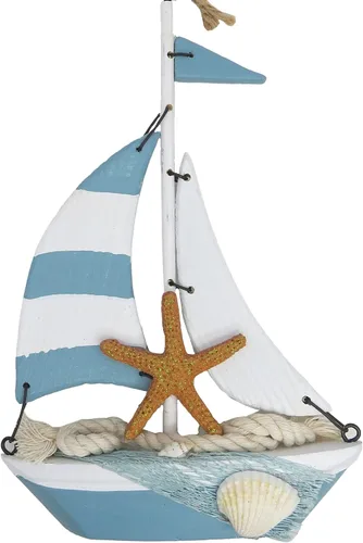 Miniatura 3 de Needzo Adorno grande para árbol de Navidad costero de velero, decoración colgante en forma de barco con estrellas de mar, conchas y cuerda (azul)