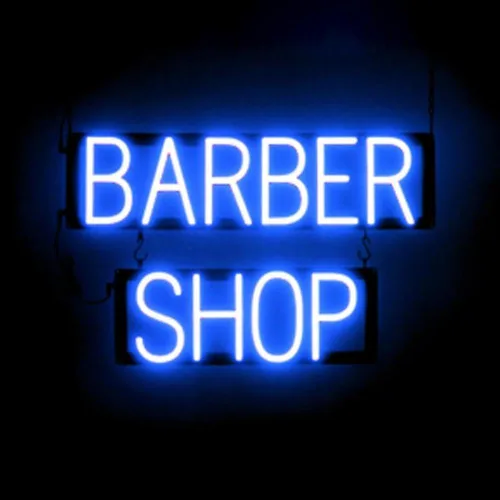 SpellBrite Letrero de BARBER SHOP | Letrero relacionado con la peluquería con aspecto de neón, fuente de luz LED azul | 23.8 x 15.0 pulgadas