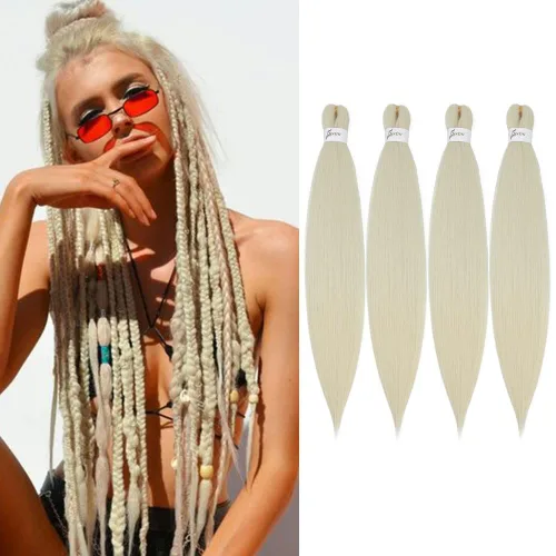Miniatura 17 de SOKU - Cabello trenzado rojo preestirado de 24" de largo, 4 paquetes de fibra sintética trenzada con ganchillo, textura suave Yaki recta 4 paquetes