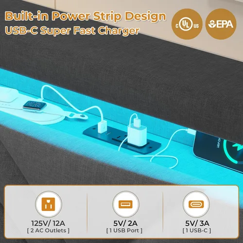 Miniatura 5 de HAUOMS Marco de Cama Completamente Flotante Tamaño Full con Cabecera de Luz LED, Estación de Carga Type-C y USB, Marco de Cama Plataforma Tapizada