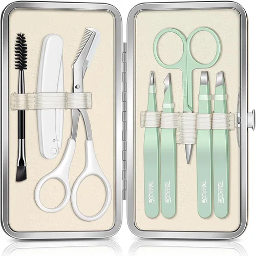 TsMADDTs Pinzas para mujeres, kit de cejas 8 en 1 con pinzas, recortadora, tijera, navaja, cepillo con bolsa de viaje, kit para dar forma a las cejas