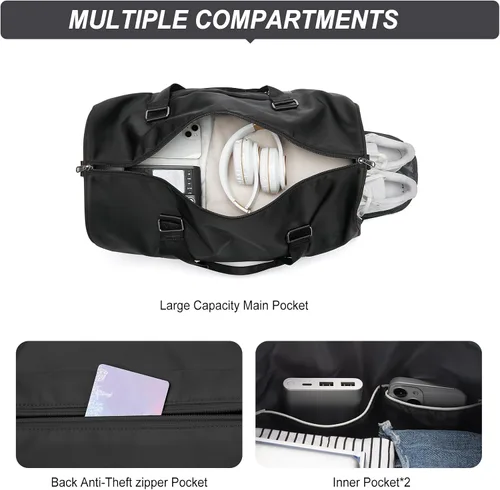 Miniatura 5 de Bolsa de gimnasio para mujer, bolsa de viaje de viaje, bolsa de mano deportiva, bolsa de fin de semana, negro, (H1-Black), Bolsa de gimnasio