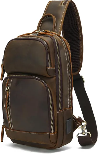 LANNSYNE Bolso bandolera de cuero de grano completo para hombre, mochila cruzada para el pecho para iPad de 10.5 pulgadas