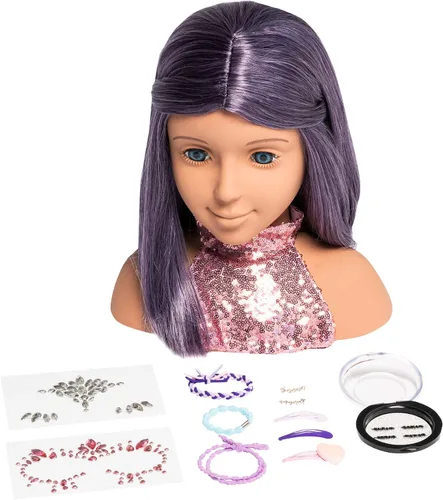 Miniatura 5 de I'm A Stylist Styling Head Deluxe Lola - Cabeza de maniquí de muñeca, peluca intercambiable, pelo morado de fibra sintética incluye pestañas