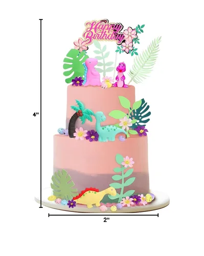 Miniatura 8 de 35 piezas de decoración de pastel de dinosaurio con hojas de macaron modelo rosa para niñas, decoración de pastel de dinosaurio para fiesta