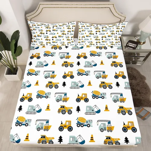 Miniatura 35 de Manfei Juego de sábanas para niños con diseño de coches de dibujos animados, tamaño individual, juego de ropa de cama con vehículos de construcción