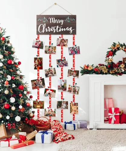 Miniatura 5 de Soporte de Exhibición para Tarjetas de Navidad, Decoración de Pared de Navidad, Marco de Fotos de Navidad de Madera con 30 Clips para Colgar Fotos
