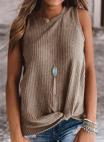 Miniatura 7 de IWOLLENCE Camiseta sin mangas de punto gofre para mujer, blusa casual sin mangas, linda túnica con nudo torcido