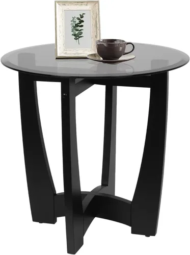 Miniatura 9 de LKTART Mesa auxiliar de vidrio, mesas auxiliares redondas de 23.5 pulgadas con superficie de vidrio templado cruzado y base de madera maciza, mesita