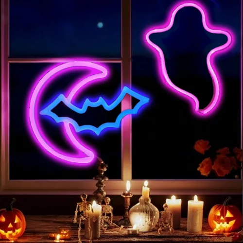 Miniatura 8 de Letreros de neón de murciélago para dormitorio, mesita de noche, decoración de pared, decoración de Halloween, luces LED de noche, adornos de mesa