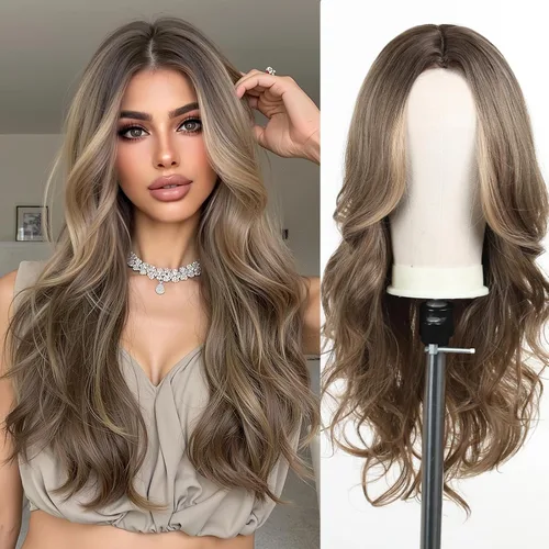 Miniatura 23 de Esmee Pelucas largas de color castaño rojizo ombré para mujer, peluca de cabello sintético ondulado y rizado natural para uso diario, fiestas
