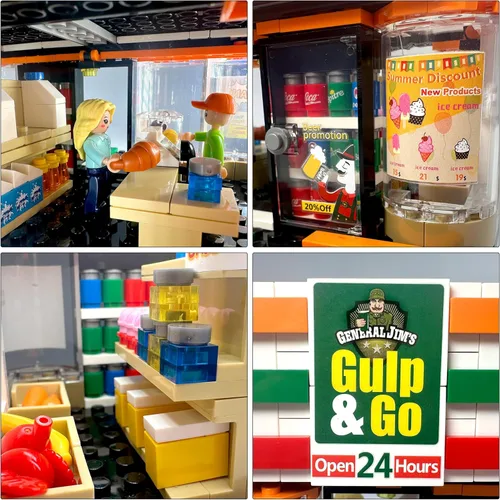 Miniatura 7 de General Jim's Gulp & Go - Juego de bloques de construcción de gasolinera para tienda de conveniencia, 320 piezas, tienda modular de esquina urbana