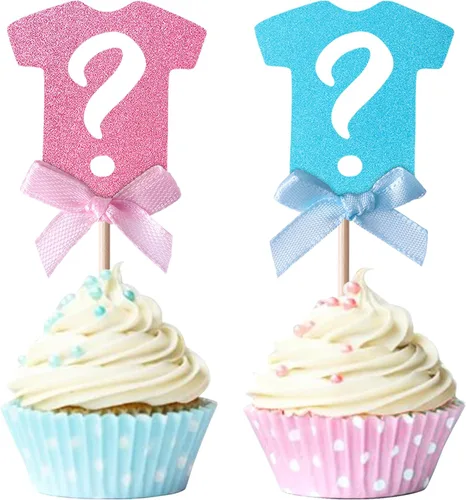 Miniatura 10 de Paquete de 24 adornos para cupcakes para niños o niñas, con purpurina rosa y azul, palillos para cupcakes de baby shower, corbatín, mameluco, mono