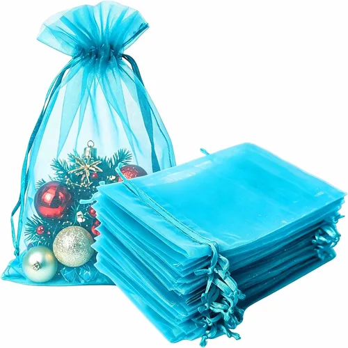 Miniatura 35 de Bolsas de regalo de organza de 4 x 6 pulgadas con cordón para joyas, dulces, paquetes de 50 bolsas de té de tela transparente azul aguamarina