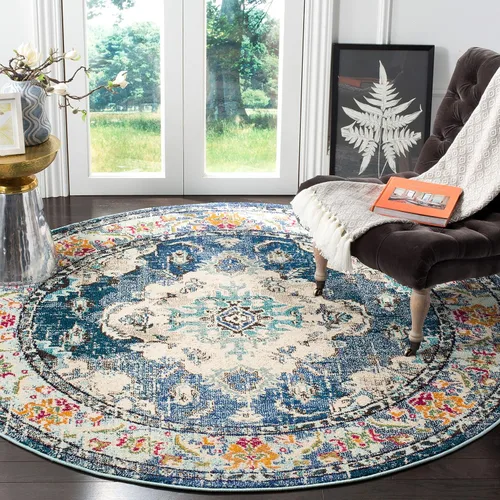 SAFAVIEH Alfombra de Área de la Colección Monaco - 11' Redonda, Azul Marino y Azul Claro, Diseño Bohemio Chic de Medallón Desgastado, No Desprende