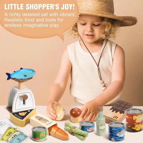 Miniatura 5 de Pithfor Juego de alimentos de madera para niños pequeños, tienda de comestibles, comida de simulación, compras y juegos, accesorios de cocina
