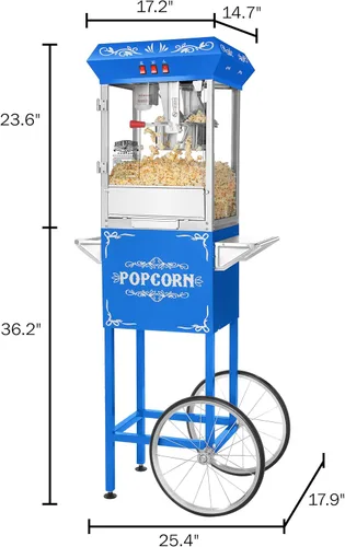 Miniatura 2 de Máquina de palomitas de maíz para base con carro, 8 onzas con hervidor de acero inoxidable, luz de calentamiento y accesorios (azul)