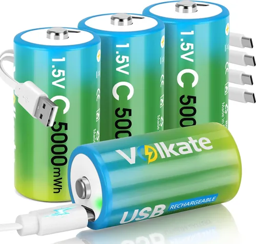 Paquete de 4 baterías C, baterías de litio recargables USB con cable de carga, batería C tamaño LR 14 1.5V 5000 mWh, batería tipo C