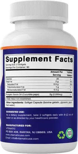 Miniatura 7 de Vitamatic Aceite de semilla de calabaza 2000mg – 180 cápsulas blandas (paquete de 2-360 unidades)